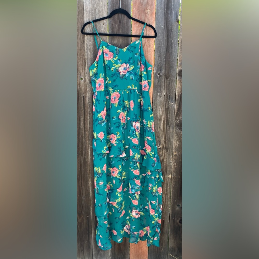 Green floral, adjustable spaghetti strap, tiered Flowy maxi dress